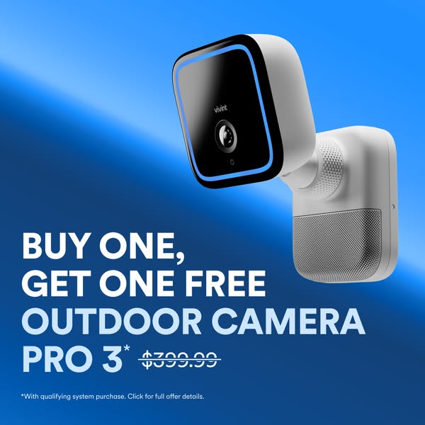 Ad promoting the Vivint Outdoor Camera Pro 3 with a buy one, get one free offer with a qualifying system purchase.