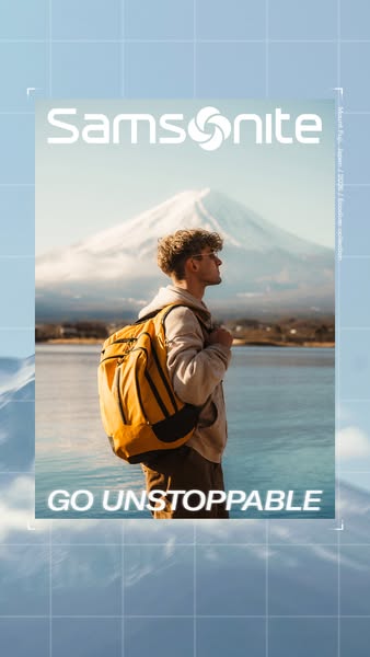 An image ad featuring a man with a Samsonite backpack in front of a scenic, mountainous background. The ad conveys a sen