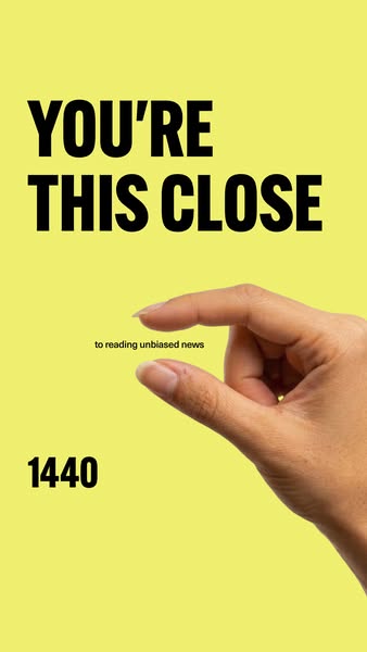 An ad for 1440, a daily newsletter delivering unbiased news. The image shows a person pinching their fingers together to