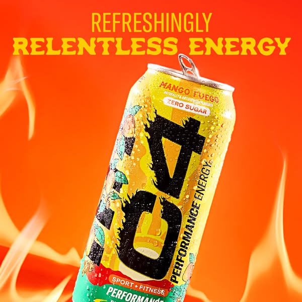 Ad featuring a can of C4 energy drink, emphasizing its refreshing and energizing qualities with a fiery mango flavor.