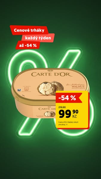This ad promotes Carte d'Or Vlašský olech (walnut) ice cream with a discount of 54%. The product is in front of a ne