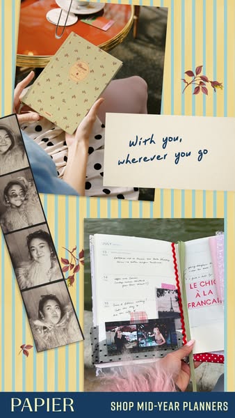 This ad for Papier mid-year planners highlights two planners in lifestyle settings with the text "With you, whereve