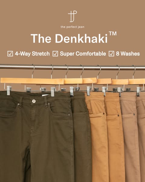 The image showcases the brand The Perfect Jean and its Denkhaki™ jeans, highlighting the product's 4-way stretch, su
