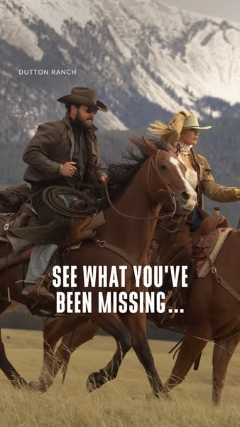 This image ad for Dutton Ranch features two people riding horses on a ranch with snowy mountains in the background. The