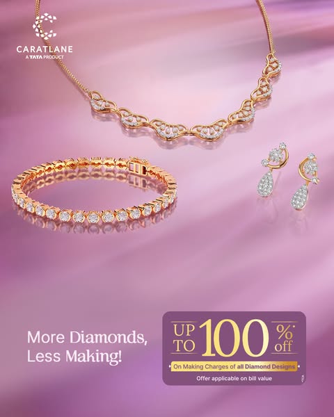 This ad for CaratLane features a necklace, bracelet, and a pair of earrings on a purple background, with an offer for up