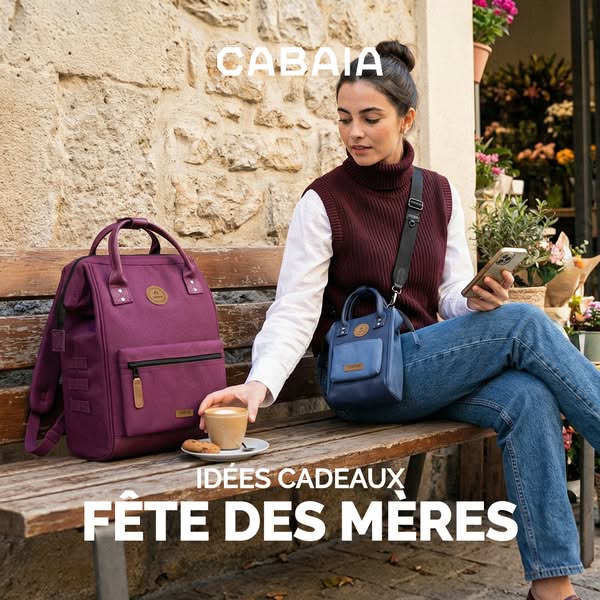 This ad is promoting Cabata bags as a gift idea for Mother's Day. The ad features a woman sitting outside at a cafe 