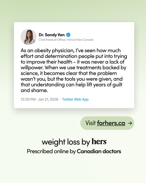 This ad is for Hers, a brand that provides weight loss treatment online. It presents a testimonial in the form of a scre