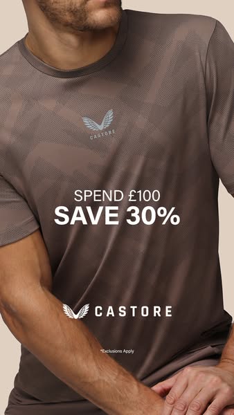 An image ad promoting a discount on purchases over £100 from Castore. The image features a male model wearing a brown t-