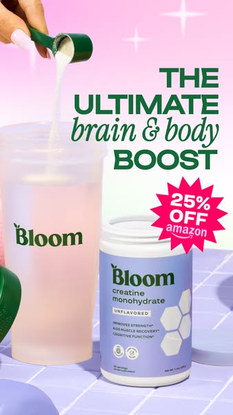 An image ad for Bloom creatine monohydrate, highlighting its benefits for brain and body, and its current discount on Am