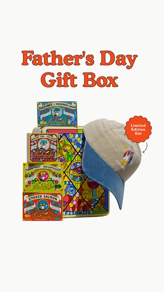 This ad showcases a Father's Day gift box from Fishwife, featuring a selection of their canned seafood products and 