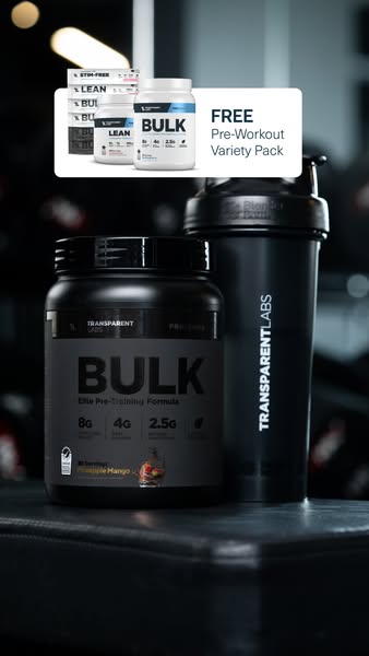 This ad showcases Transparent Labs' BULK pre-workout supplement alongside a shaker bottle and promotes a free pre-wo
