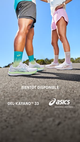 An image ad showcasing Asics Gel-Kayano 33 running shoes, emphasizing their upcoming availability and positioning them w