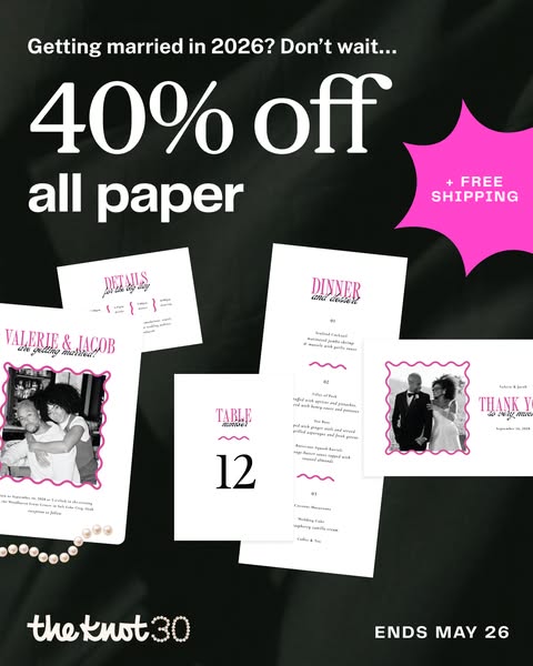 An advertisement for The Knot, offering 40% off all paper products plus free shipping, with a deadline of May 26. The ad