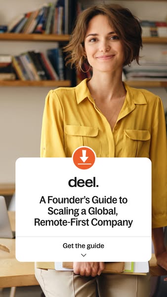 This ad promotes a founder's guide to scaling a global, remote-first company. It features a professional woman in a 