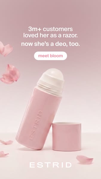 This image ad for Estrid features their new deo product. It is presented in a soft pink palette with floating flower pet