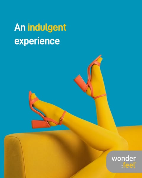 This ad presents a lifestyle image featuring legs in yellow tights and orange heels resting on a yellow couch. The ad us