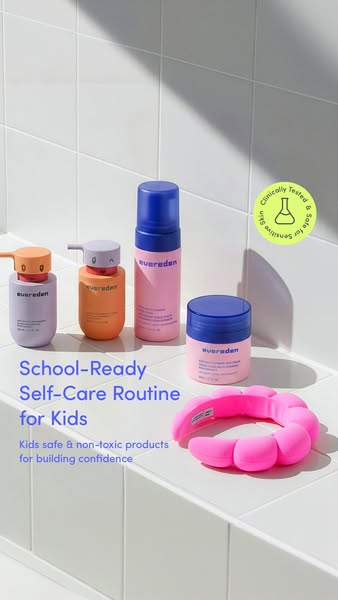An Evereden image ad features several of their kid-friendly skincare products displayed on a white tiled surface.