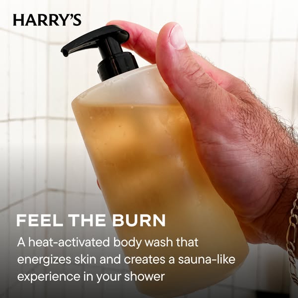 This image ad promotes Harry's heat-activated body wash that energizes skin and creates a sauna-like experience in t