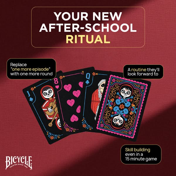 This ad promotes Bicycle playing cards as a great way to replace screen time with quality family time. It focuses on bui
