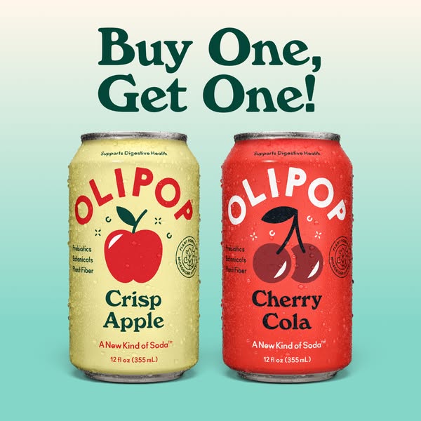 A product shot for Olipop, a low-calorie soda alternative, advertises a "Buy One, Get One" promotion. Two flav
