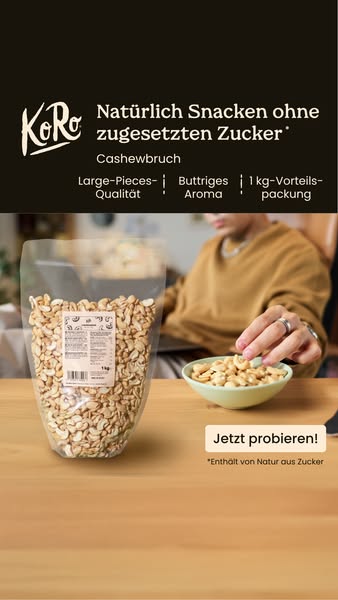 This image ad features a bag of KoRo brand cashew pieces, alongside a bowl of the same snack being held by a person.