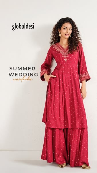 A full shot of a woman wearing Global Desi attire. The text on the left describes the outfit as being appropriate for a 