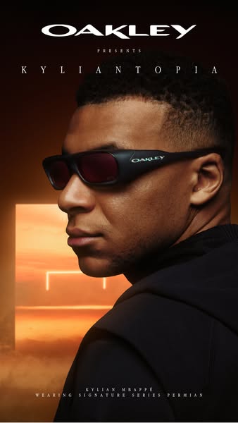 This ad showcases Kylian Mbappé wearing Oakley Permian sunglasses, promoting the "Kyliantopia" collection. The
