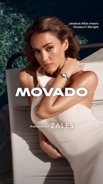 This ad features Jessica Alba wearing a Movado watch while lounging near a pool. The ad aims to promote Movado watches a