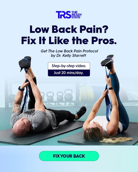 This image ad for The Ready State promotes a low back pain protocol by Dr. Kelly Starrett. It features two people demons