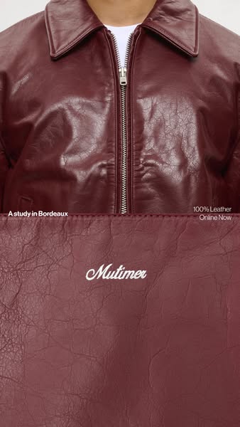 This image ad promotes a burgundy leather jacket from Mutimer, highlighting its quality and design.
