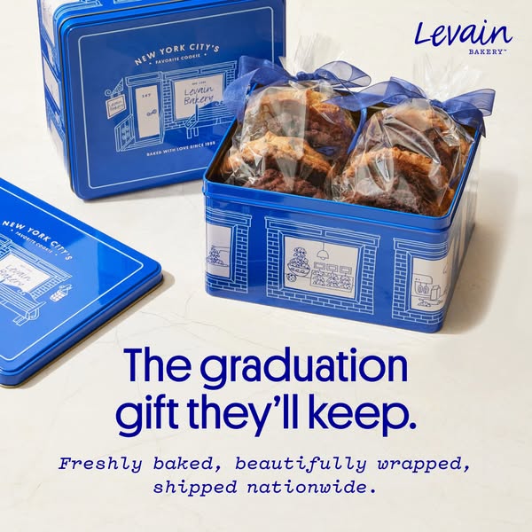 This image ad from Levain Bakery promotes their cookies as a graduation gift. The ad features attractively packaged cook
