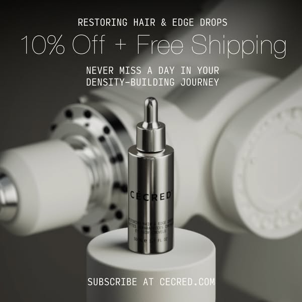 This image ad for Cecred's Restoring Hair & Edge Drops features the product in a studio-lit, industrial setting,