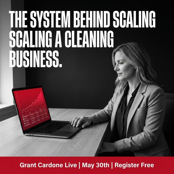 This image promotes a live webinar with Grant Cardone about 'The System Behind Scaling a Cleaning Business.' It 