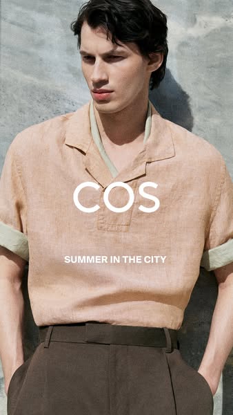 This image ad showcases COS clothing, specifically a tan polo shirt and brown dress pants, targeting those interested in