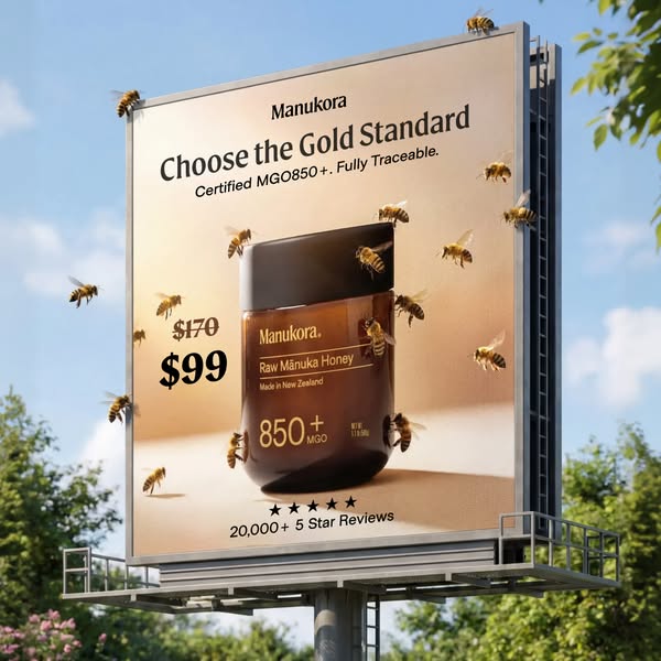 This image ad for Manukora Manuka Honey features an outdoor billboard displaying the product, its benefits, and customer