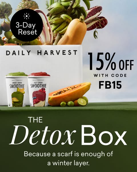 This ad for Daily Harvest promotes their Detox Box with a discount offer. The ad uses fresh produce to convey the health
