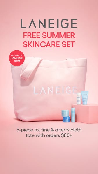 This ad promotes a free summer skincare set from LANEIGE with orders of $80 or more.