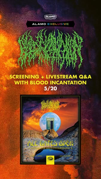 This image promotes a screening and livestream Q&A with the band Blood Incantation on May 20th, hosted by Alamo Draf