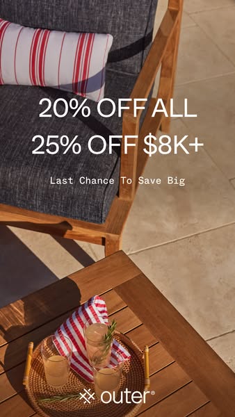 This image ad from Outer promotes a sale, offering 20% off all products and 25% off purchases over $8,000.