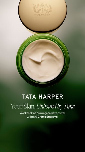 This ad showcases Tata Harper's Crème Supreme, emphasizing its regenerative properties and ability to defy time. The