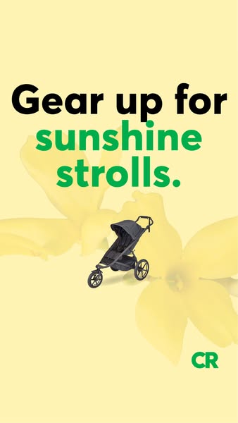 This ad for a stroller features the headline "Gear up for sunshine strolls" over a muted yellow flower backgro
