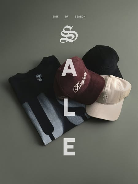 This image ad promotes an end-of-season sale for a clothing brand. The ad features a T-shirt and three hats arranged on 