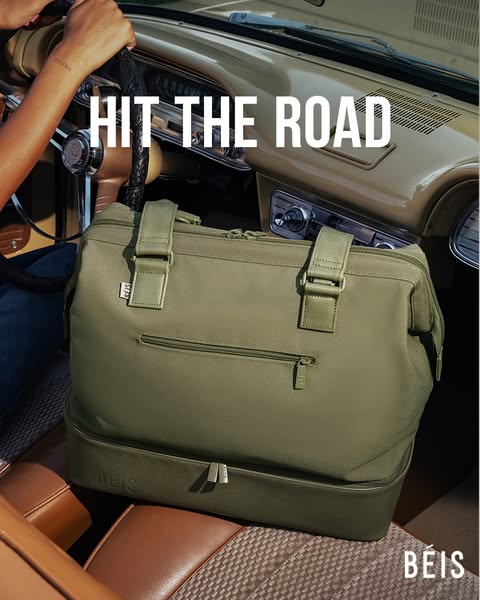 This ad features the Béis carry-on bag in a car, suggesting it's perfect for travel. The image focuses on the bag in