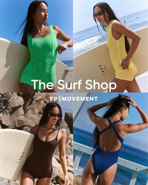 This Meta ad features a grid of four images showcasing women in different colored FP Movement swimsuits, each carrying a