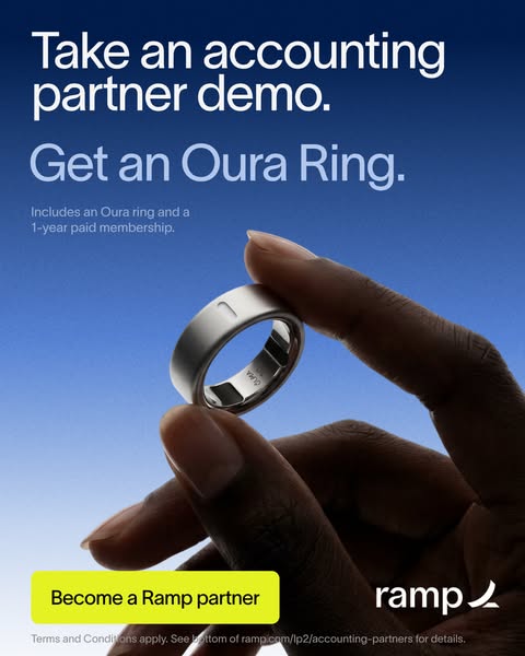This ad incentivizes accounting partners to try Ramp by offering an Oura Ring and a 1-year paid membership for taking a