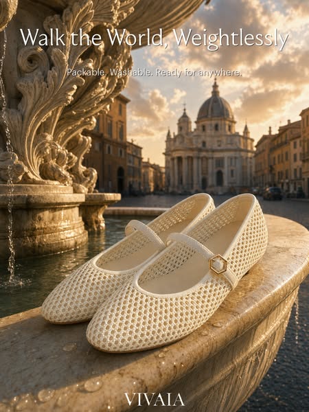 This ad features a pair of light-colored Vivaia flats set against a backdrop of a European cityscape. The ad emphasizes 