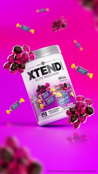 This ad promotes Xtend Elite Recovery supplement powder with a Grape Jolly Rancher flavor. The ad features the product t