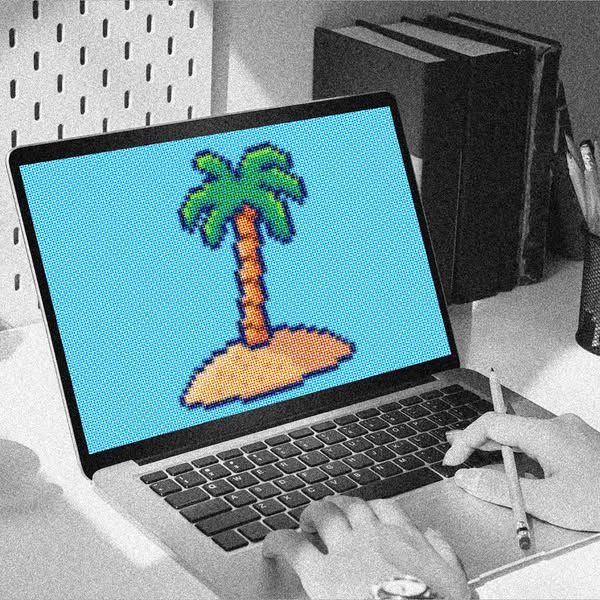 This ad features a laptop displaying an 8-bit style palm tree on a tropical island. The ad is designed to evoke a sense