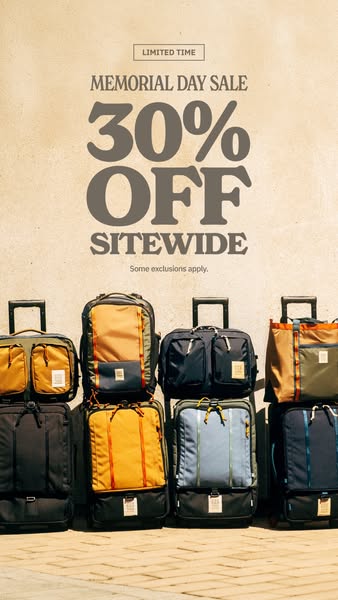 Image ad featuring a variety of luggage pieces and advertising a 30% off sitewide Memorial Day Sale for a limited time.