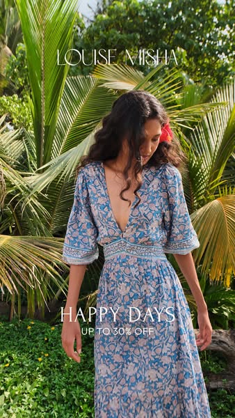 This image ad for Louise Misha showcases a woman in a printed dress, styled in a tropical setting. The ad highlights a s